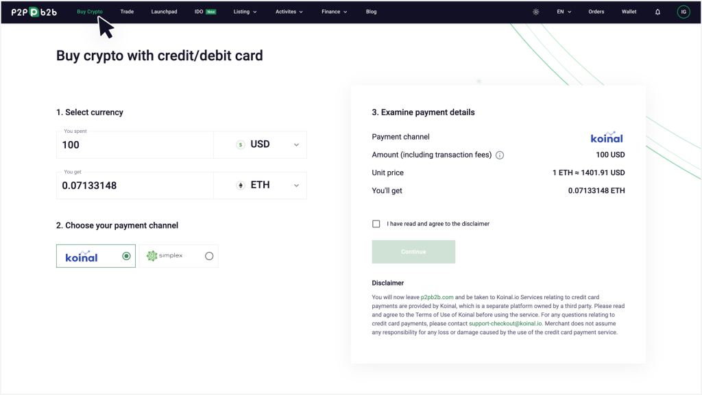 how to buy crypto with credit card via P2PB2B